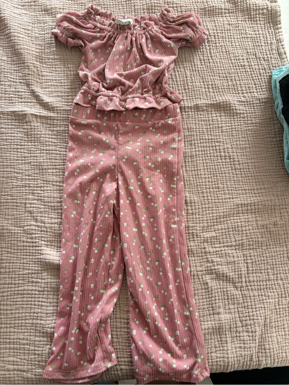 Pink Floral Off-Shoulder Kids Pajama Set